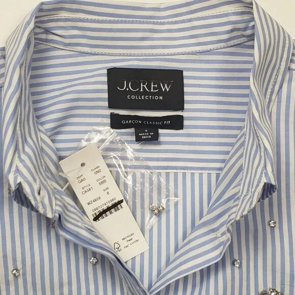 J.Crew Collection Garçon Embellished Shirt in Blue Pinstripe Women's - Pick Size - Picture 9 of 16